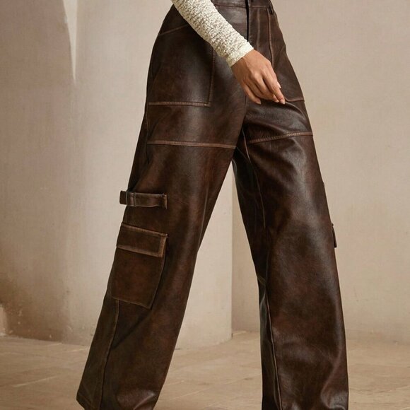 Coffee Brown Casual Women's Merlot Vintage Distressed Faux Cargo Pants - Picture 4 of 6